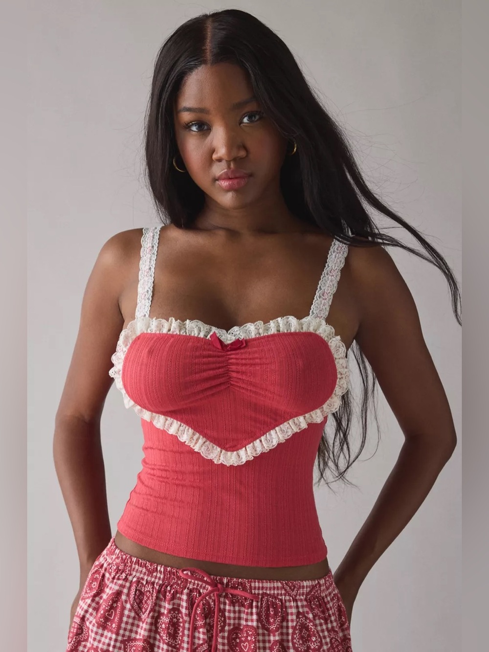UO Out From Under Eat Your Heart Out Ruffle Lace Trim Cami